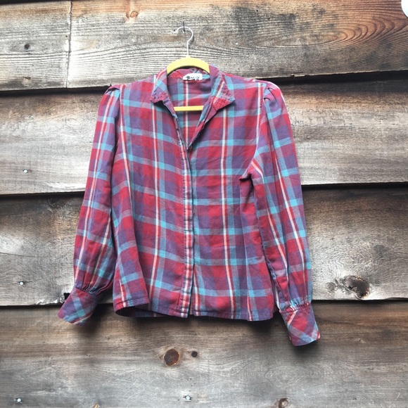 SOLD Poet Sleeve Plaid Button Down Shirt - Picture 3 of 7
